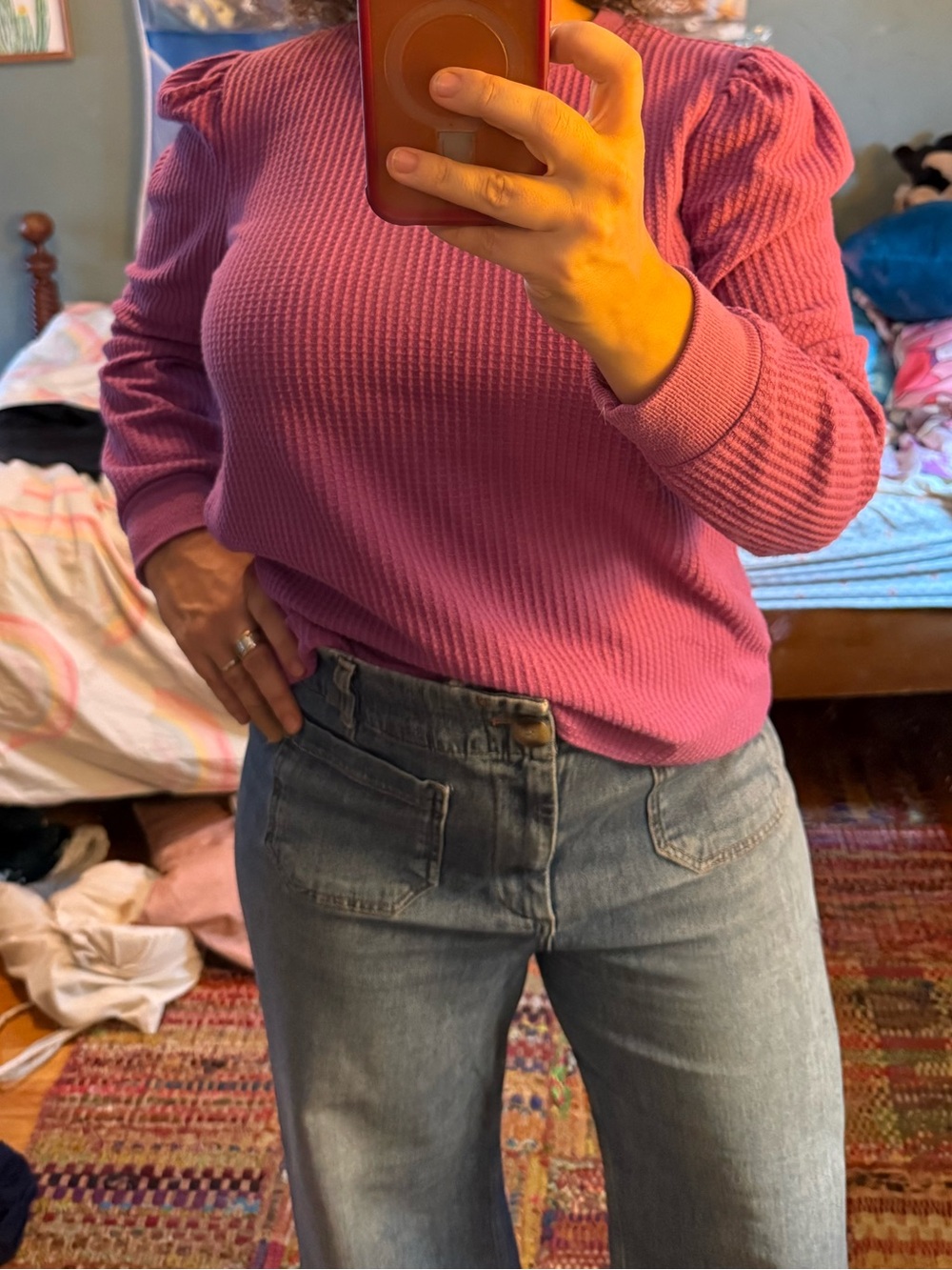 LOFT Purple Ribbed Long-Sleeve Top with Subtle Puff Shoulders